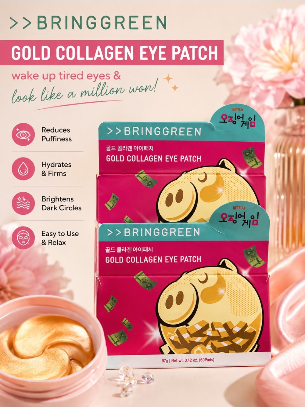 2 packages Bring Green Gold Collagen Eye Patch 60 Pads EACH